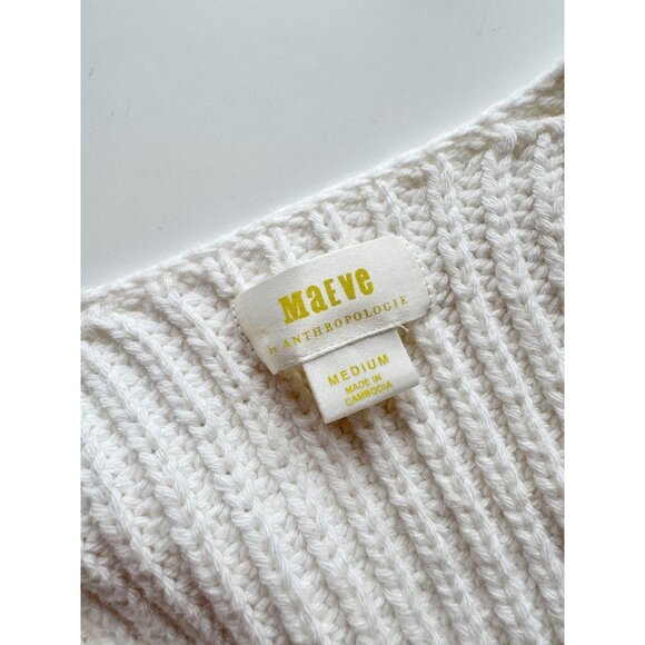 MAEVE Ivory Cotton Acrylic Ribbed Knit Sculptured V-Neck Sweater, Size M - Picture 10 of 13